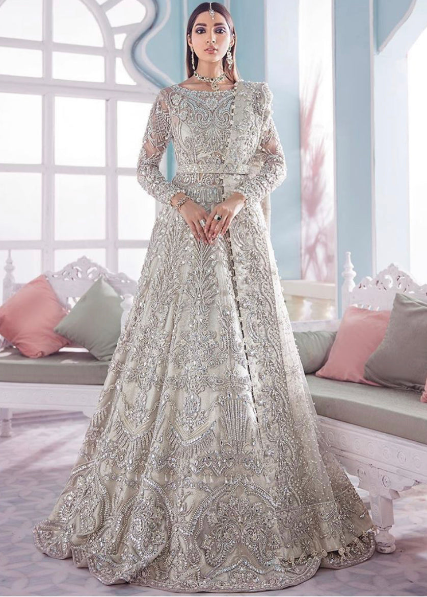 White Pakistani Bridal Dress in Lehenga Gown Style Online – Nameera by  Farooq